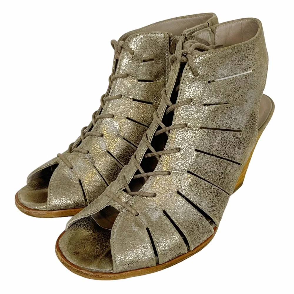 COSMO Paul Green Silver Metallic Cutout Leather Lace-up Peep Toe Ankle Bootie